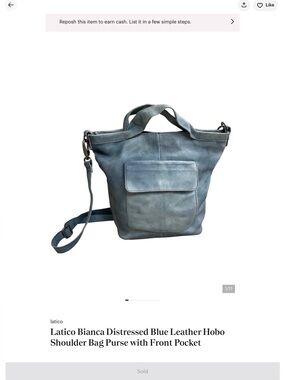 Latico Bianca Distressed Blue Leather Hobo Shoulder Bag with Large Front Pocket